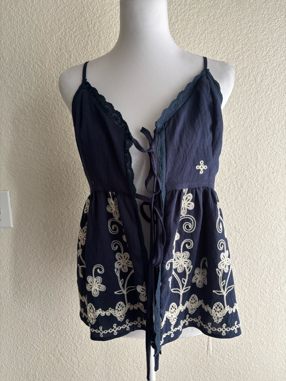 Cider Navy Blue Embroidered Tie-Front Cami